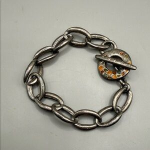 Vintage Guess Silver Tone Chain Link Orange Green Bangle Cuff Statement Bracelet